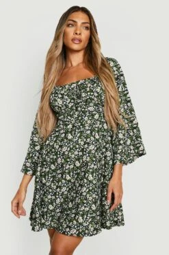 Vestito Skater A Maniche Lunghe A Fiori Con Laccetti