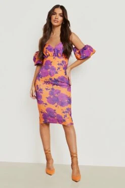 Vestito Midi In Scuba A Fiori Con Spalle Scoperte