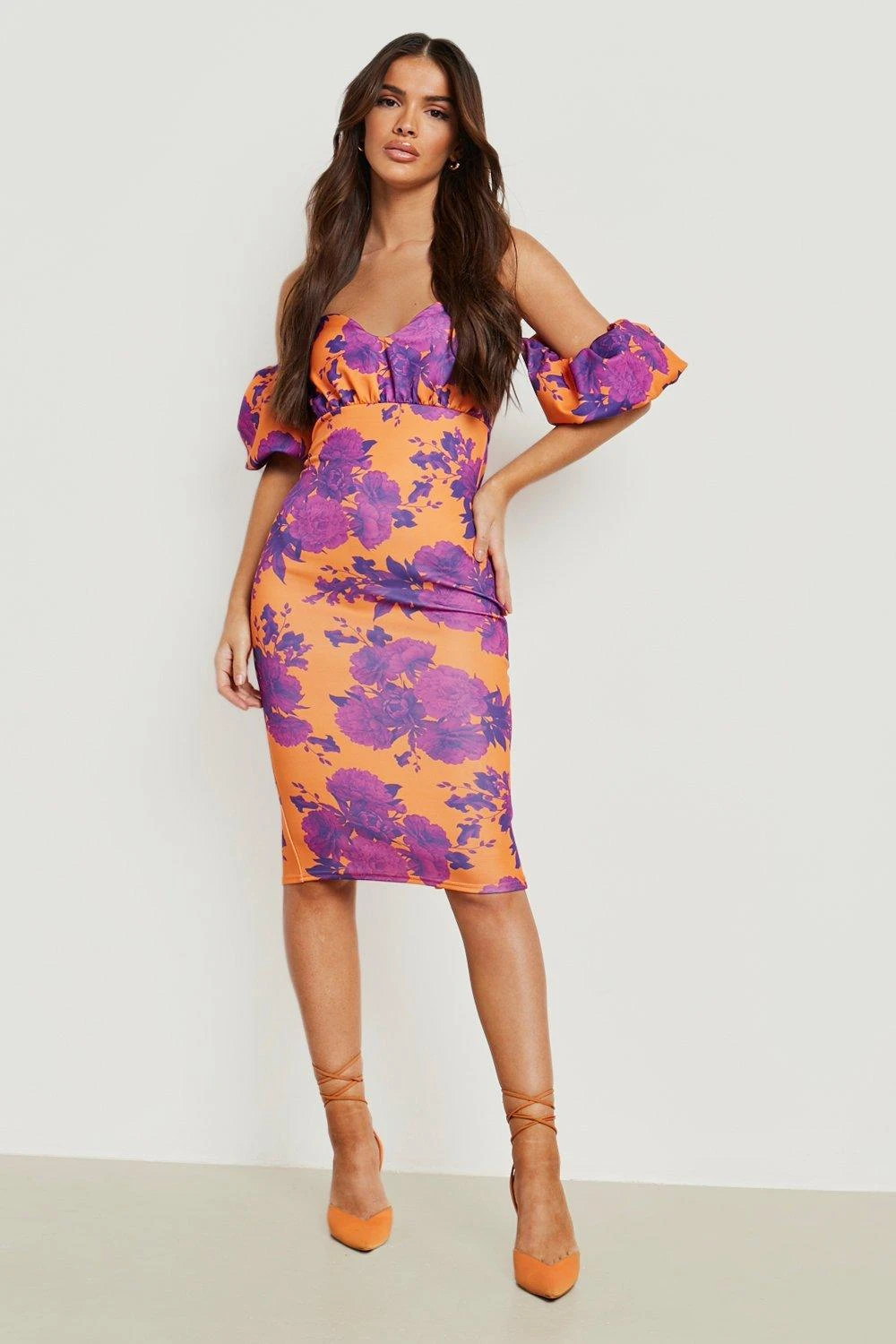 Vestito Midi In Scuba A Fiori Con Spalle Scoperte 1 Vestito Midi In Scuba A Fiori Con Spalle Scoperte