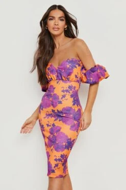 Vestito Midi In Scuba A Fiori Con Spalle Scoperte 7 Vestito Midi In Scuba A Fiori Con Spalle Scoperte -Negozio al dettaglio Vestiti gzz23680 orange xl 3