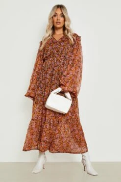 Vestito Midi Plus Size In Chiffon A Fiori -Negozio al dettaglio Vestiti gzz23726 brown xl 2