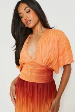 Vestito Maxi Petite Sfumato E Plissettato Con Scollo Profondo E Maniche Ad Ala Di Pipistrello -Negozio al dettaglio Vestiti gzz23819 orange xl 3