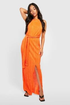 Vestito Maxi Petite Plissettato Con Cintura E Spacco Alla Coscia -Negozio al dettaglio Vestiti gzz24024 orange xl 2