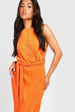 Vestito Maxi Petite Plissettato Con Cintura E Spacco Alla Coscia -Negozio al dettaglio Vestiti gzz24024 orange xl 3