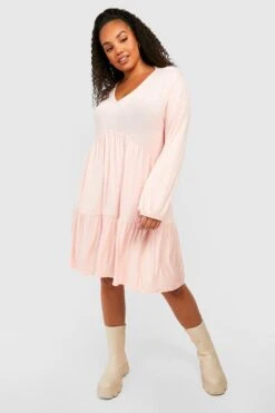 Vestito Grembiule Plus Size A Maniche Lunghe Con Scollo A V E Balze -Negozio al dettaglio Vestiti gzz24277 blush xl 2