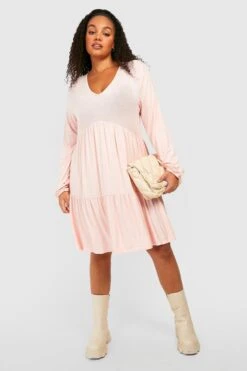 Vestito Grembiule Plus Size A Maniche Lunghe Con Scollo A V E Balze -Negozio al dettaglio Vestiti gzz24277 blush xl 3