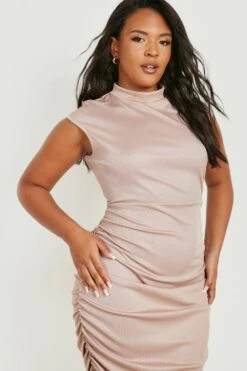 Vestito Midi Plus Size A Coste Con Ruches E Collo Alto -Negozio al dettaglio Vestiti gzz24332 stone xl 3