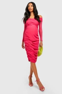 Vestito Midi Premaman In Rete Con Ruches E Spalle Scoperte