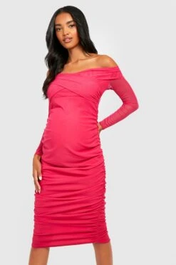 Vestito Midi Premaman In Rete Con Ruches E Spalle Scoperte -Negozio al dettaglio Vestiti gzz24339 hot20pink xl 2