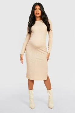 Vestito Midi Premaman A Maniche Lunghe Con Spacco