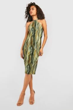 Vestito Midi Allacciato Al Collo Plissettato In Fantasia Tie Dye -Negozio al dettaglio Vestiti gzz24743 khaki xl 2