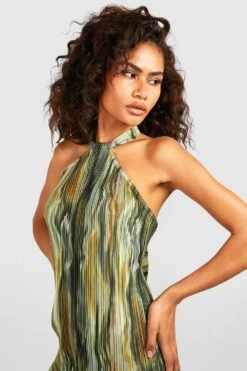 Vestito Midi Allacciato Al Collo Plissettato In Fantasia Tie Dye -Negozio al dettaglio Vestiti gzz24743 khaki xl 3