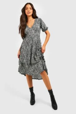 Vestito Midi Con Stampa In Fantasia Cachemire E Volant Sul Fondo