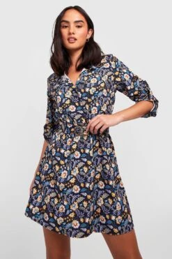 Vestito Camicia Con Stampa A Fiori E Cintura