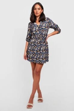 Vestito Camicia Con Stampa A Fiori E Cintura 6 Vestito Camicia Con Stampa A Fiori E Cintura -Negozio al dettaglio Vestiti gzz24770 navy xl 2