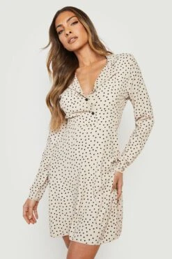 Vestito Skater A Camicia A Pois Con Maniche Lunghe