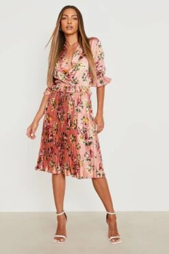 Vestito Skater Midi In Raso A Fiori Con Pieghe -Negozio al dettaglio Vestiti gzz24863 pink xl 2