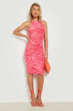 Vestito Midi In Spugna Con Stampa Zebrata E Scollo A Vogatore