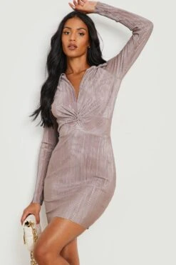 Vestito Camicia Tall Plissettato Con Nodo Frontale -Negozio al dettaglio Vestiti gzz25042 mocha xl 2