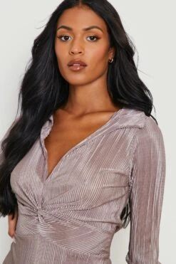 Vestito Camicia Tall Plissettato Con Nodo Frontale -Negozio al dettaglio Vestiti gzz25042 mocha xl 3