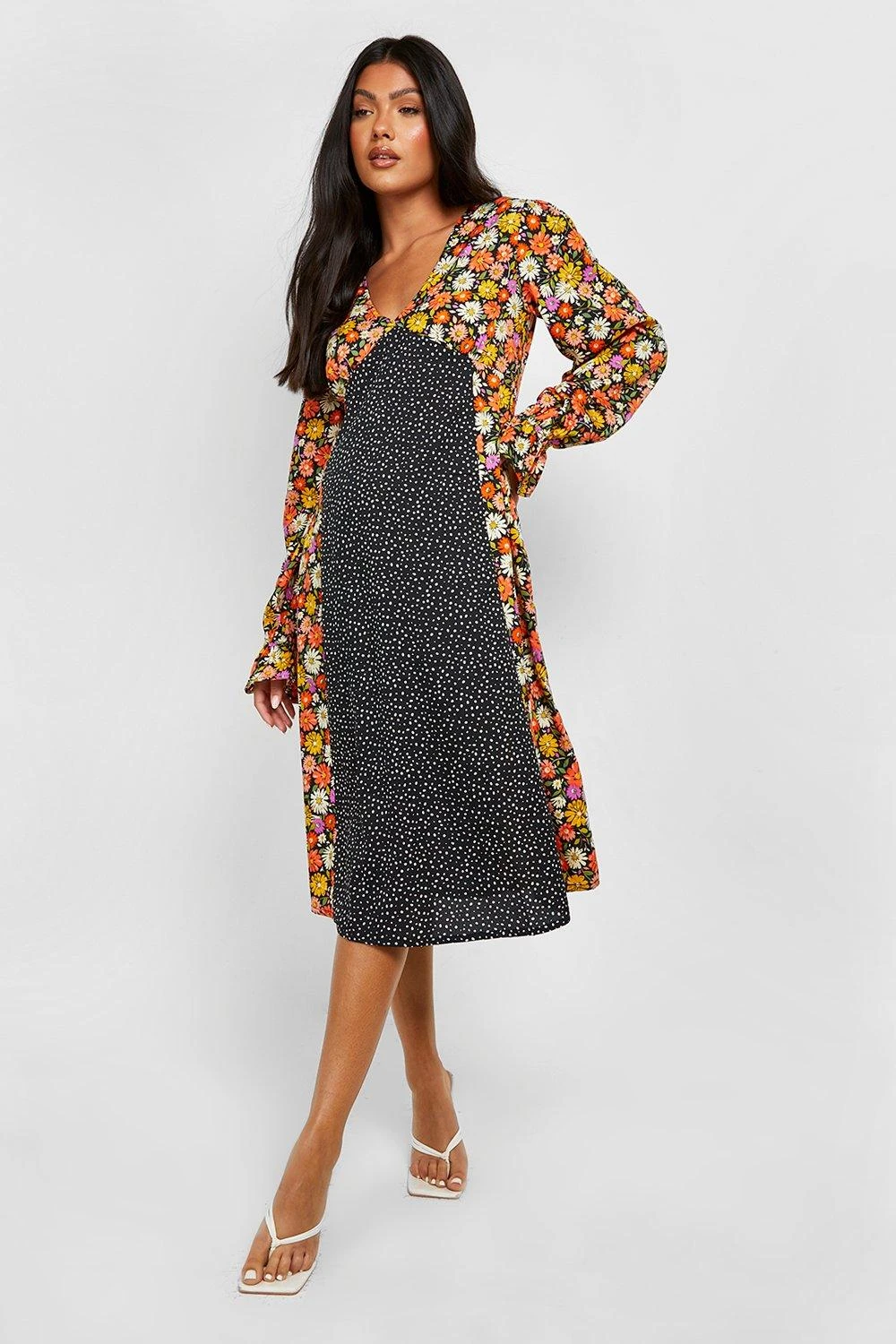 Vestito Midi Premaman Con Stampe Miste E Maniche A Sbuffo 1 Vestito Midi Premaman Con Stampe Miste E Maniche A Sbuffo