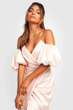 Vestito Scaldacuore Midi In Raso Con Maniche A Sbuffo -Negozio al dettaglio Vestiti gzz25393 champagne xl 3