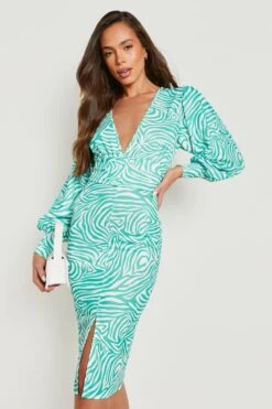 Vestito Midi Zebrato Con Scollo Profondo E Laccetti In Vita -Negozio al dettaglio Vestiti gzz25396 green xl 2