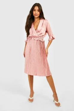 Vestito Skater Midi In Raso A Pieghe