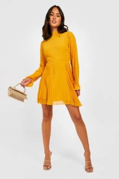 Vestito Skater A Collo Alto A Pieghe Con Maniche A Campana -Negozio al dettaglio Vestiti gzz25427 mustard xl 2