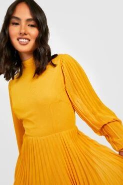 Vestito Skater A Collo Alto A Pieghe Con Maniche A Campana -Negozio al dettaglio Vestiti gzz25427 mustard xl 3