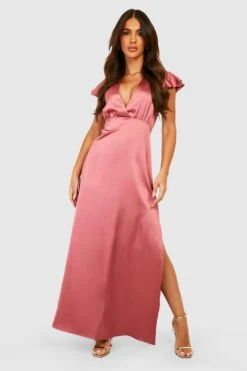 Vestito Maxi In Raso Con Scollo Profondo E Volant -Negozio al dettaglio Vestiti gzz25448 rose xl 2