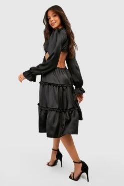 Vestito Midi In Raso Con Scollo Profondo E Volant -Negozio al dettaglio Vestiti gzz25449 black xl 1