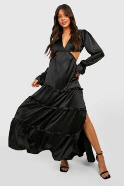Vestito Maxi In Raso Con Dettagli Arricciati E Scollo Profondo 6 Vestito Maxi In Raso Con Dettagli Arricciati E Scollo Profondo -Negozio al dettaglio Vestiti gzz25451 black xl 2