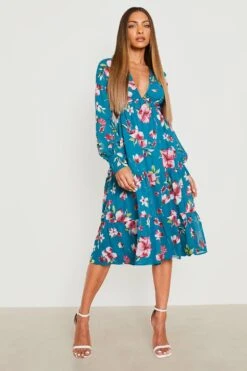Vestito Midi A Fiori Con Scollo Profondo E Arricciature -Negozio al dettaglio Vestiti gzz25459 teal xl 2