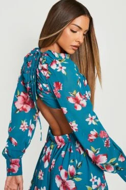 Vestito Midi A Fiori Con Scollo Profondo E Arricciature -Negozio al dettaglio Vestiti gzz25459 teal xl 3