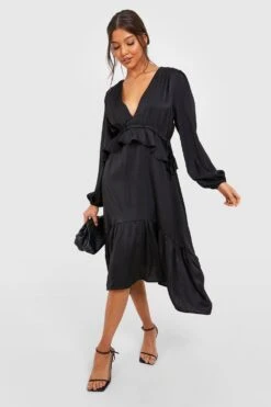 Vestito Midi In Raso Con Scollo Profondo E Arricciature -Negozio al dettaglio Vestiti gzz25461 black xl 2