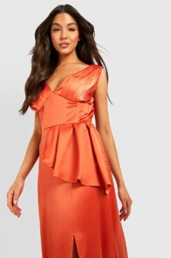 Vestito Maxi In Raso Con Vita Stile Corsetto E Arricciature -Negozio al dettaglio Vestiti gzz25490 rust xl 2