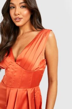 Vestito Maxi In Raso Con Vita Stile Corsetto E Arricciature -Negozio al dettaglio Vestiti gzz25490 rust xl 3