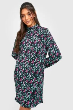 Vestito A Trapezio A Collo Alto Plissettato A Fiori -Negozio al dettaglio Vestiti gzz25496 black xl 2