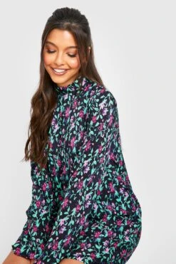 Vestito A Trapezio A Collo Alto Plissettato A Fiori -Negozio al dettaglio Vestiti gzz25496 black xl 3