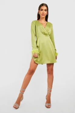 Vestito Skater In Raso Con Piume Sui Polsini -Negozio al dettaglio Vestiti gzz25514 olive xl 2