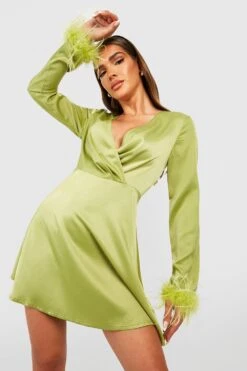 Vestito Skater In Raso Con Piume Sui Polsini -Negozio al dettaglio Vestiti gzz25514 olive xl 3