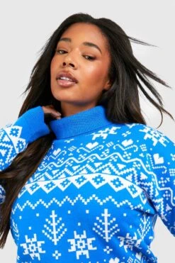 Vestito In Maglia A Collo Alto Plus Size Con Motivi Fairisle -Negozio al dettaglio Vestiti gzz25517 blue xl 3