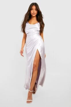 Vestito Maxi In Raso Con Scollo A Cappuccio E Spacco