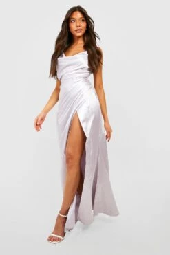 Vestito Maxi In Raso Con Scollo A Cappuccio E Spacco -Negozio al dettaglio Vestiti gzz25611 silver xl 2