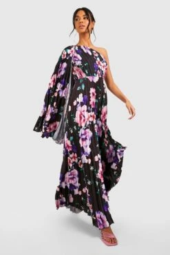 Vestito Maxi Asimmetrico In Raso A Pieghe A Fiori -Negozio al dettaglio Vestiti gzz25613 black xl 2
