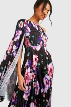 Vestito Maxi Asimmetrico In Raso A Pieghe A Fiori -Negozio al dettaglio Vestiti gzz25613 black xl 3