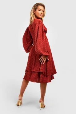 Vestito Midi In Rete Plumetis Con Maniche Lunghe E Arricciature -Negozio al dettaglio Vestiti gzz25615 rust xl 1