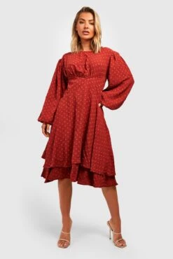 Vestito Midi In Rete Plumetis Con Maniche Lunghe E Arricciature -Negozio al dettaglio Vestiti gzz25615 rust xl 2