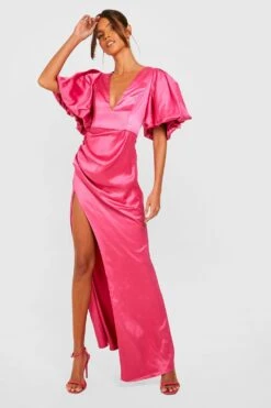 Vestito Maxi In Raso Con Scollo Profondo E Maniche A Sbuffo 6 Vestito Maxi In Raso Con Scollo Profondo E Maniche A Sbuffo -Negozio al dettaglio Vestiti gzz25733 pink xl 2